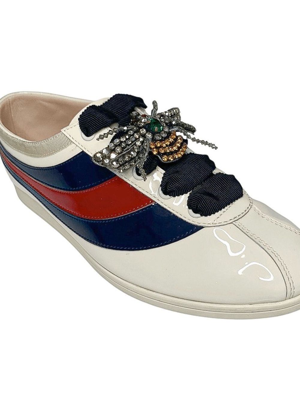 Gucci Falacer Patent Leather Sneakers 38 White Red Blue Bee Crystal Low Top